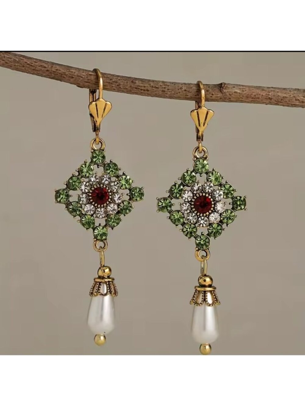 Anthropologie Green Crystal Pearl Drop Earrings Vintage Glam